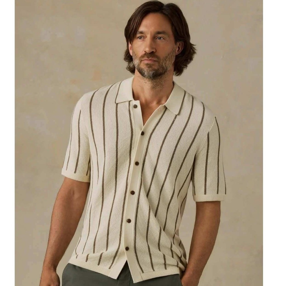 Faherty Short Sleeve Sweater Shirt Cream Walnut Stripe Size XL Organic Cotton